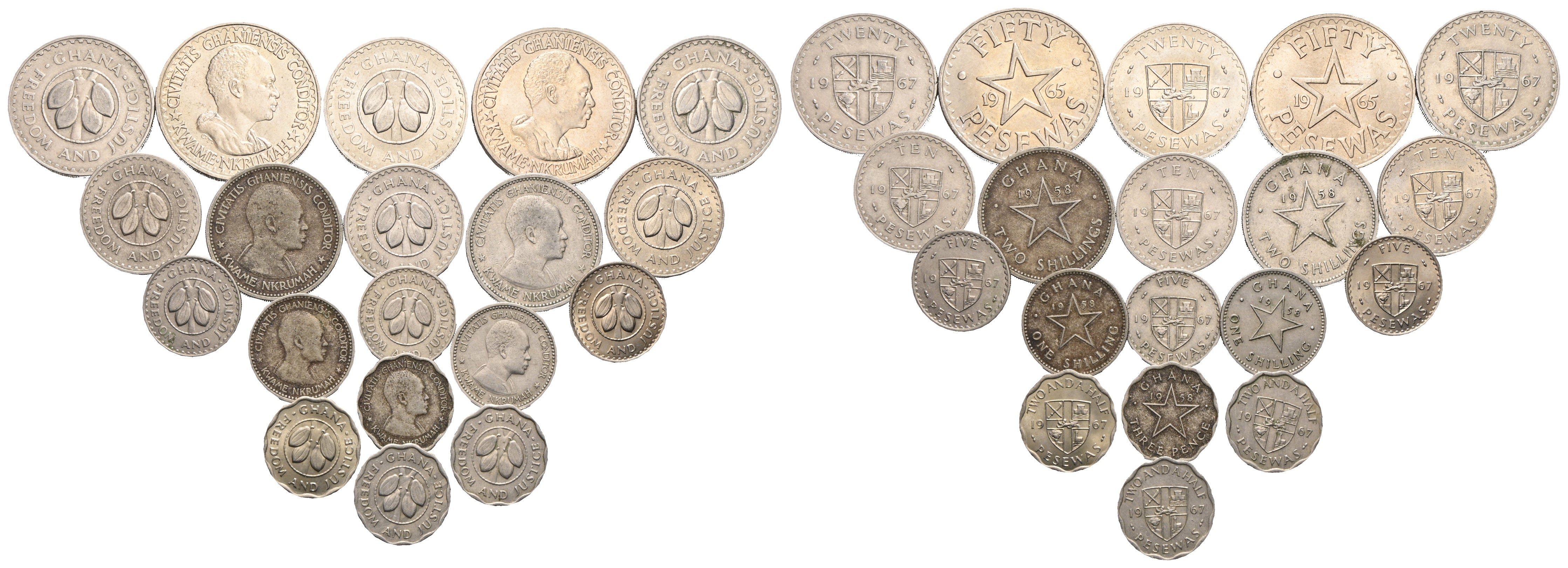Ghana - Lot mit Pesewas 1965 und 1967 sowie Shillings 1958