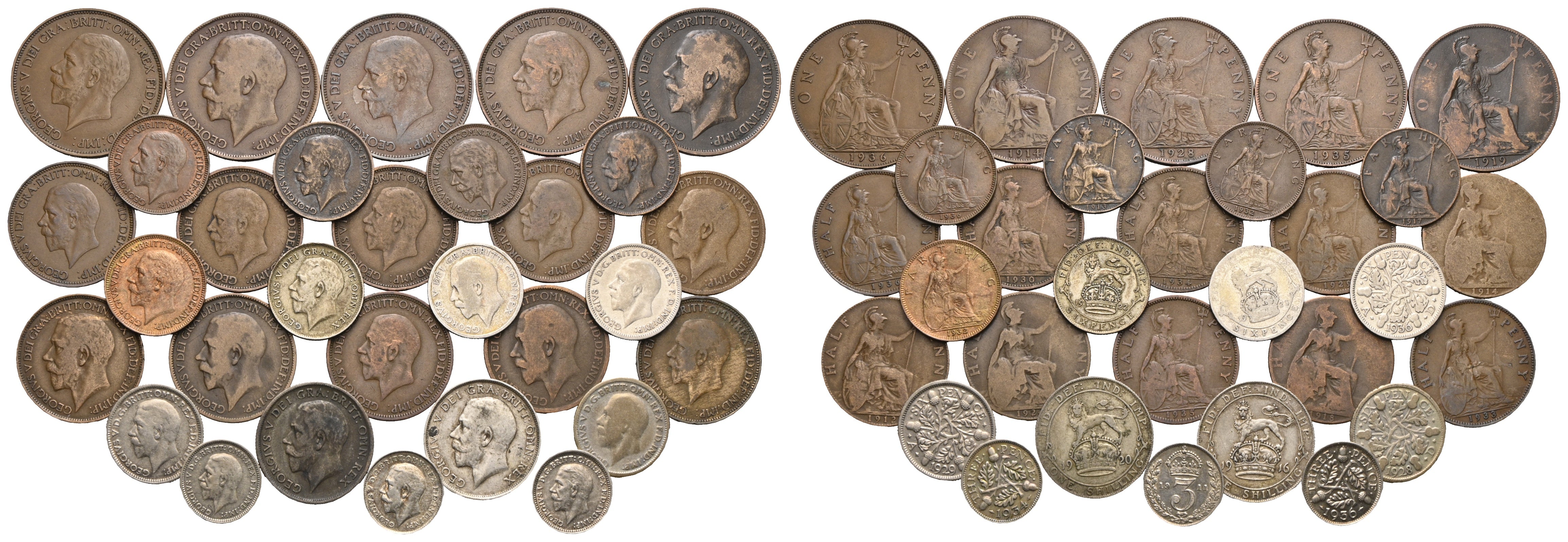 Großbritannien - Lot mit Shilling, Penny, Pence und Farthing 1912-1936