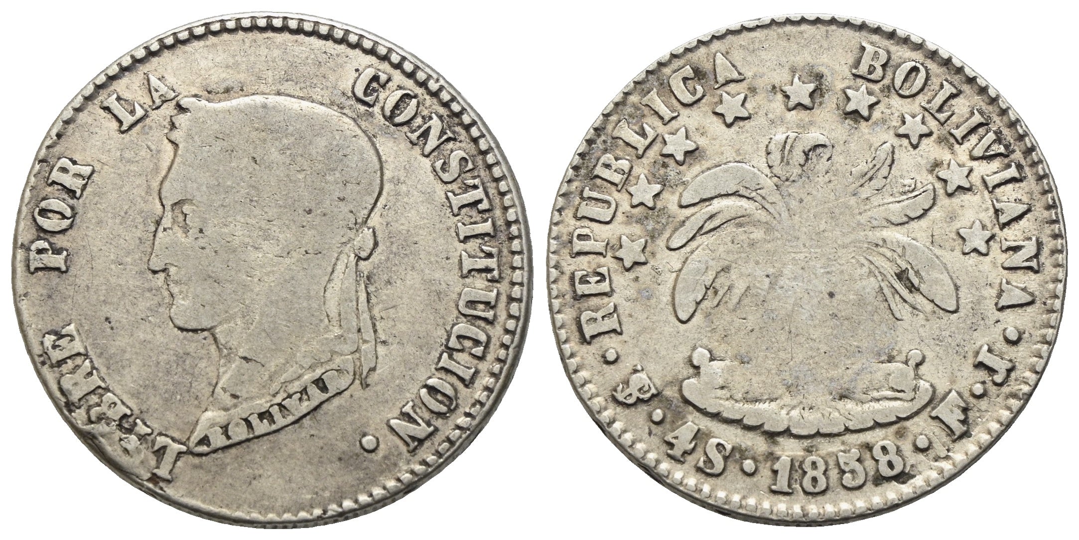 Bolivien - 4 Soles 1858 FJ, Potosi