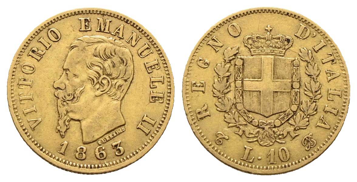 Italien - Königreich - 10 Lire 1863 T, Turin