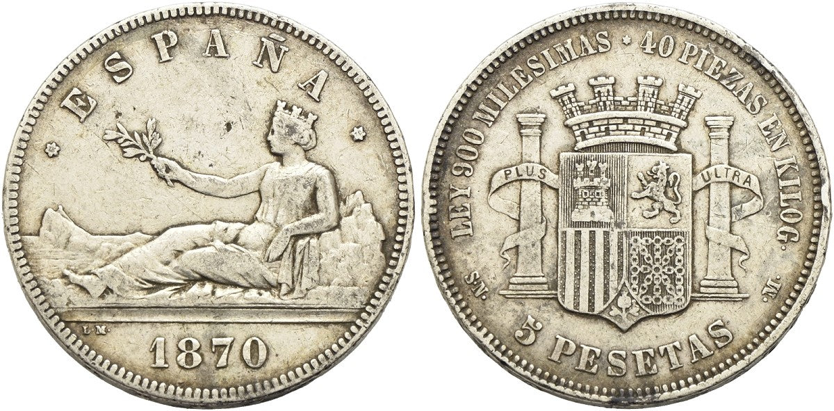 Spanien - 5 Pesetas 1870 SN-M