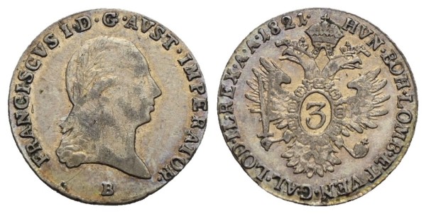 Münze-Österreichische-Kaiserzeit-Franz-I-3-Kreuzer-1821-Kremnitz-VIA12222