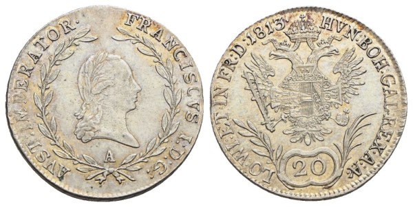 Münze-Österreichische-Kaiserzeit-Franz-I-20-Kreuzer-1813-Wien-VIA12104