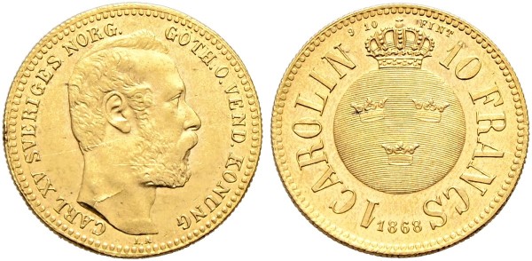 Goldmünze-Schweden-Karl-XV-Carolin-10-Francs-VIA11492
