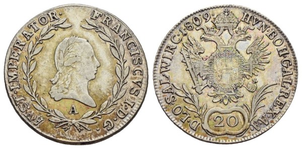 Münze-Österreichische-Kaiserzeit-Franz-I-20-Kreuzer-1809-Wien-VIA12212