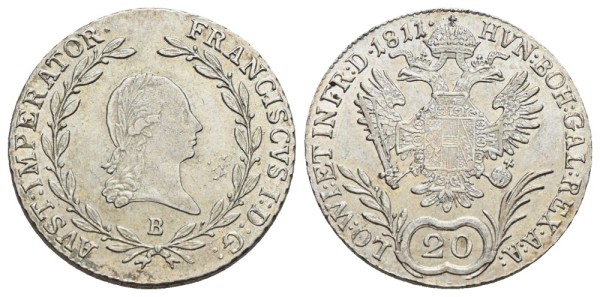 Münze-Österreichische-Kaiserzeit-Franz-I-20-Kreuzer-1811-Kremnitz-VIA12218