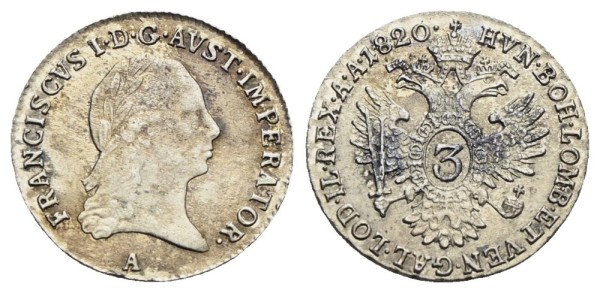 Münze-Österreichische-Kaiserzeit-Franz-I-3-Kreuzer-1820-Wien-VIA12105