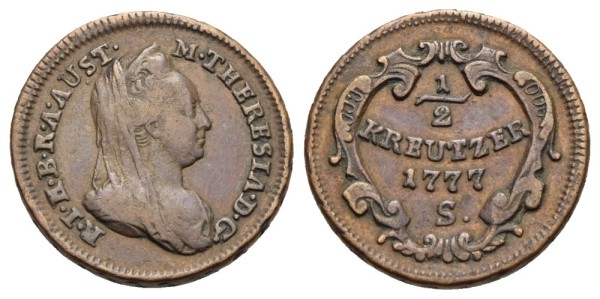 Münze-RDR-Maria-Theresia-1/2-Kreutzer-1777-Schmölnitz-VIA12200
