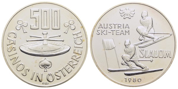 Münze-Österreich-500-Schilling-1980-Casinos-Ski-Team-Slalom-VIA12941
