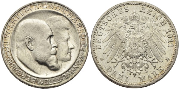 Münze-Deutschland-Königreich-Württemberg-Wilhelm-II-3-Mark-1911-Stuttgart-VIA12531
