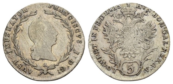Münze-Österreichische-Kaiserzeit-Franz-I-5-Kreuzer-1815-Wien-VIA12102