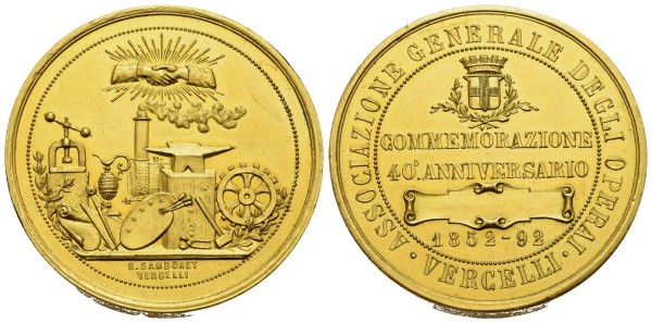 Münze-Italien-Umberto-I-vergoldete-AR-Medaille-1892-40-jährige-Bestehen-Verband-Arbeiter-VIA12548