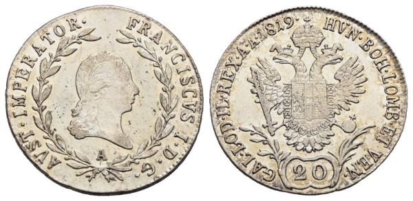 Münze-Österreichische-Kaiserzeit-Franz-I-20-Kreuzer-1819-Wien-VIA12108