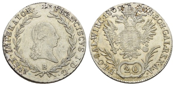 Münze-Österreichische-Kaiserzeit-Franz-I-20-Kreuzer-1809-Kremnitz-VIA12217