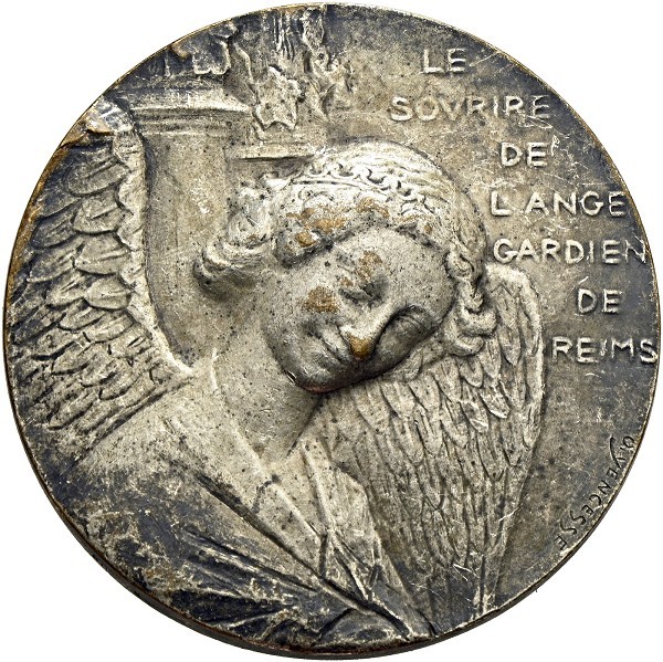 Münze-Frankreich-Reims-3-Republik-versilberte-Medaille-oJ-Engel-Westfassade-Kathedrale-VIA12475