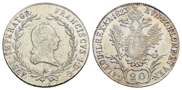 Münze-Österreichische-Kaiserzeit-Franz-I-20-Kreuzer-1823-Wien-VIA12111