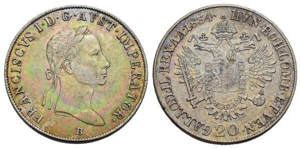 Münze-Österreichische-Kaiserzeit-Franz-I-20-Kreuzer-1834-Kremnitz-VIA12162