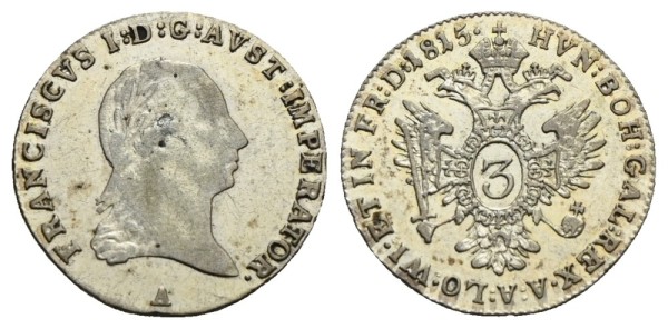 Münze-Österreichische-Kaiserzeit-Franz-I-3-Kreuzer-1815-Wien-VIA12101