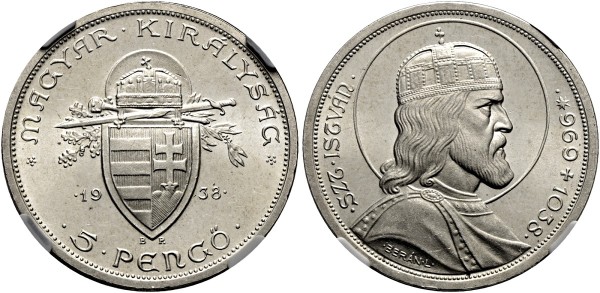 Münze-Ungarn-Miklos-Horthy-5-Pengö-1938-Budapest-St-Istvan-VIA12637