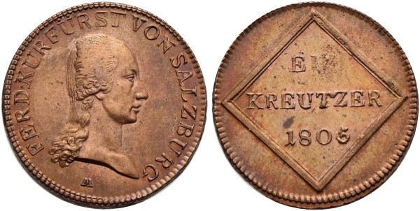 Münze-Salzburg-Erzbistum-Kurfürst-Erzherzog-Ferdinand-Kreuzer-1805-über-1804-Salzburg-VIA12420