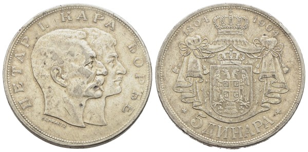 Münze-Serbien-Peter-I-5-Dinara-1904-Wien-100-Jahre-Dynastie-VIA12747