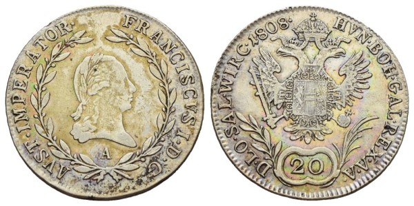 Münze-Österreichische-Kaiserzeit-Franz-I-20-Kreuzer-1808-Wien-VIA12211
