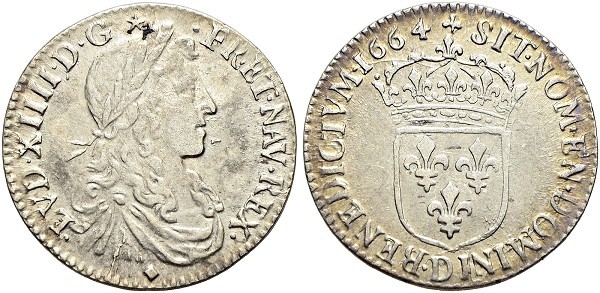 Münze-Frankreich-Ludwig-XIV-1/12-Ecu-1664-Lyon-VIA12235
