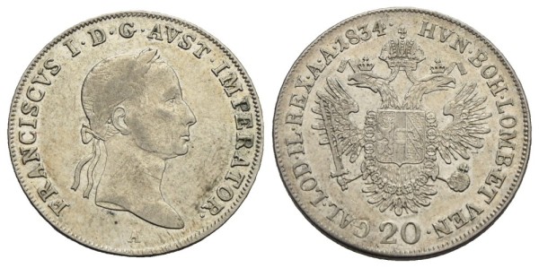 Münze-Österreichische-Kaiserzeit-Franz-I-20-Kreuzer-1834-Wien-VIA12160