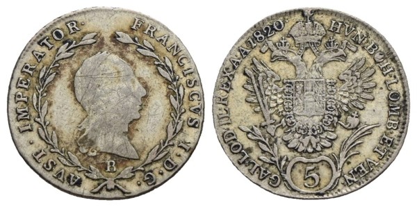 Münze-Österreichische-Kaiserzeit-Franz-I-5-Kreuzer-1820-Kremnitz-VIA12219