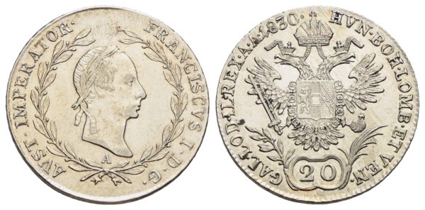 Münze-Österreichische-Kaiserzeit-Franz-I-20-Kreuzer-1830-Wien-VIA12150