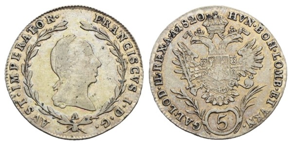 Münze-Österreichische-Kaiserzeit-Franz-I-5-Kreuzer-1820-Wien-VIA12106